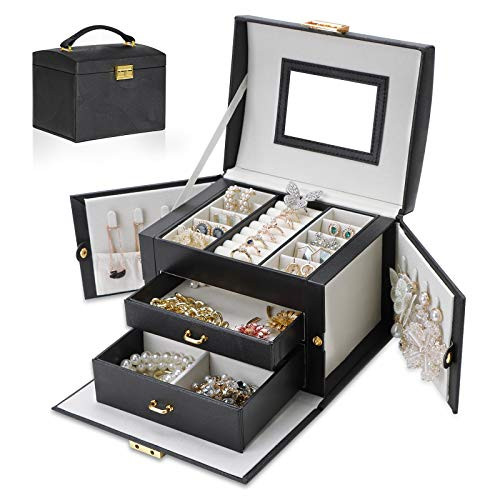 Jewelry Box Jewelry Organizer Box Display Storage Case Holder with Two Layers Lock Mirror Women Girls Leather Jewelry Box for Earrings Rings Necklaces Bracelets Earrings Gift -Black-