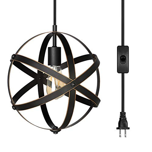 DEWENWILS Plug in Pendant Hanging Light, Industrial Metal Globe Vintage Ceiling Entryway Light Fixture with 15FT Cord and ON/Off Switch for Kitchen Island, Bedroom, Dining Hall