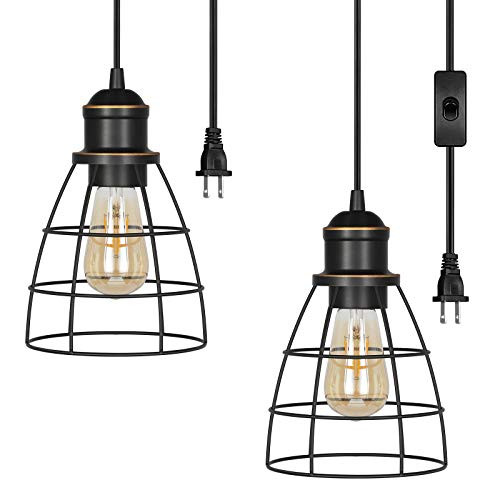 DEWENWILS Plug in Pendant Light, Hanging Lights with Plug in Cord, E26 Base Socket, Industrial Pendant Light Fixtures for Bedroom, Kitchen Island, Dining Hall, 2 Pack, UL Listed