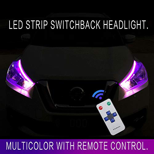 2Pcs Multicolor LED Strip Light, Waterproof Flexible Car Daytime Running Light Strip DRL Switchback Headlight and Flowing Turn Signal Light - Easy Paste Install 