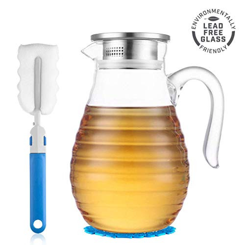 JIAQI Glass Water Pitcher with Wave Shape and Tight Lid 62 Ounces, Thicker Heat Resistance Borosilicate Water Carafe for Homemade Iced Tea & Juice Beverage (FREE Brush and Coaster included)