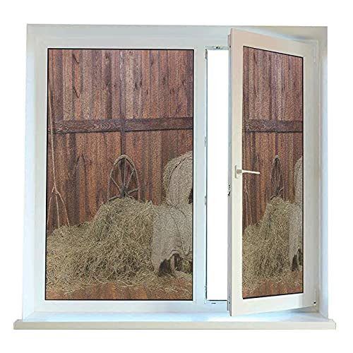 Frosted Window Film Barn Wood Wagon Wheel Window Covering Film 24" x 36", Rural Old Horse Stable Barn Interior Hay and Wood Planks Image Print Kitchen Decor, Brown Dust