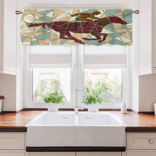 carmaxs Mosaic Window Valances, Running Stable Racehorse and Silhouettes on Pieced Background, 42" x 18", Purple Pale Brown Teal