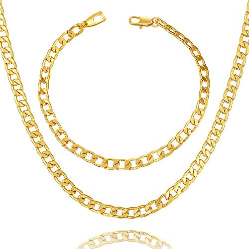 WELRDFG Men Chain Jewelry 5mm/6mm/7mm Wide Stainless Steel Snake chain 18K Gold Plated Figaro Chain Set -Bracelet 8.3 Inch, Necklace 18" 22" 26" 28" - -Cuban chain 18k-gold-plated -5mm wide-, 18.0-