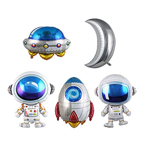 5 Pcs UFO Outer Space Theme Balloons Foil Helium Mylar Large Airship Moon Rocket Astronaut Spaceman Balloons for Space Themed Birthday Party Supplies