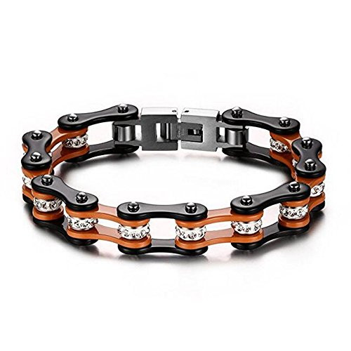Unisex Stainless Steel Motorcycle Bike Biker Chain Link Bracelets with Rhinestones, 6 Colors -Black Orange- Unisex Stainless Steel Motorcycle Bike Biker Chain Link Bracelets with Rhinestones, 6 Colors -Black Orange-