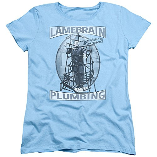 Trevco Three Stooges Lamebrain Plumbing Women's T Shirt, Medium Light Blue