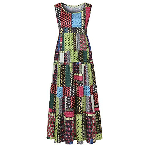 Women's Midi Long Dress Plus Size Summer Sleeveless O Neck Casual Loose Tunic Dresses Vintage Graphic Print Sundress-Green,5XL-
