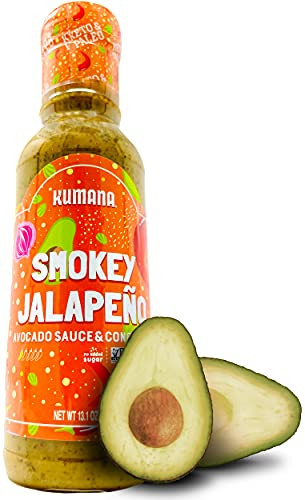 Kumana Avocado Hot Sauce- Smokey Jalapeño. A Keto Hot Sauce made with Ripe Avocados and Jalapeño Peppers. Low Carb- Ketogenic- Paleo and Plant Based. 13 Ounce Bottle.