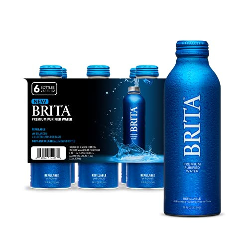 Brita Water- 18 Fl Oz -6 Pack-- Premium Purified Still Bottled Water- Infinitely Recyclable Aluminum Bottle- Refillable Water Bottles- Filtered Water- BPA Free.