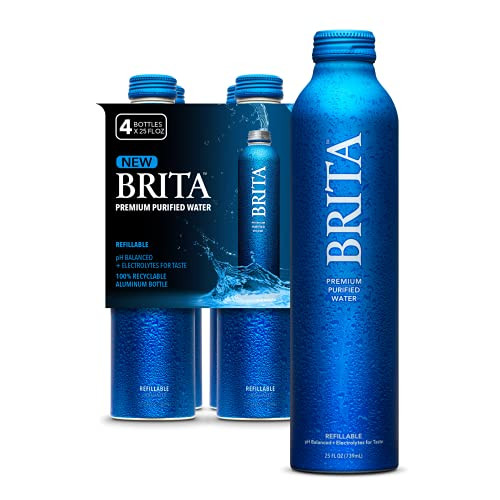 Brita Water- 25 Fl Oz -4 Pack-- Premium Purified Still Bottled Water- Infinitely Recyclable Aluminum Bottle- Refillable Water Bottles- Filtered Water- BPA Free.