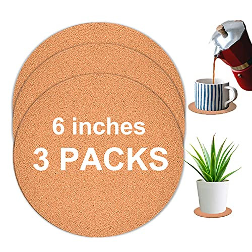 6'' Round Cork- Cork Coasters  and  Plant Saucers for Gardening- Cork Board for DIY Craft Supplies- Cork Trivets for Hot Pots  and  Pans- Absorbent Cork mat for Drinks- Wine- Coffee- 3 Pack