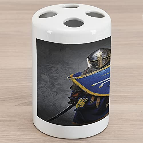 Lunarable Medieval Ceramic Toothbrush Holder- Medieval Knight Holding an Aged Old Shield Historical Theme Digital Print- Decorative Versatile Countertop for Bathroom- 4.5" X 2.7"- Royal Blue Grey