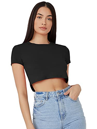 MakeMeChic Women's Basic Solid Short Sleeve Round Neck Crop Top Tee Shirt Black XS