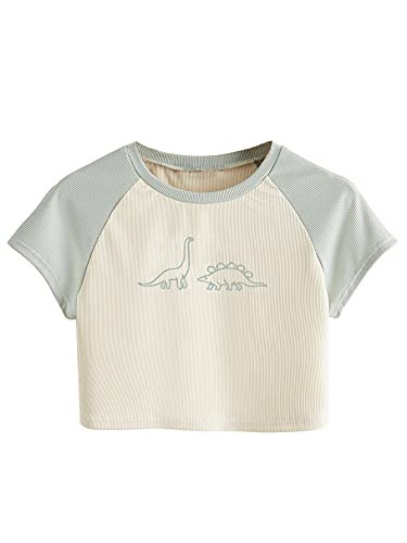 Floerns Women's Casual Colorblock Short Sleeve Round Neck Crop Tops T Shirt Beige S