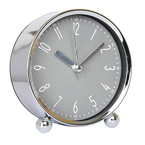 Cute 4 in Alarm Clock Small Table Clock Non-tick Round Silent Analog Alarm Clock Battery Powered Bedside Alarm Clock Travel Clock -Grey-