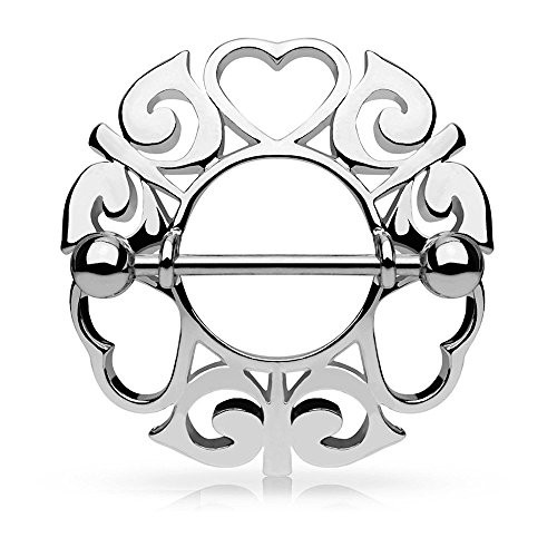 Covet Jewelry Tribal Hearts Hollow Nipple Shield with 316L Surgical Steel Barbell -Steel-
