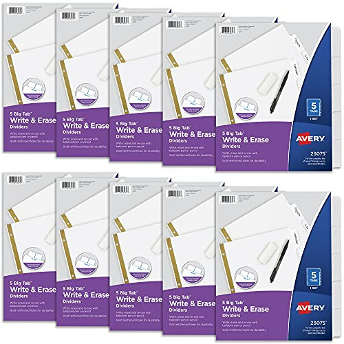 Avery Write  and  Erase Big Tab Paper Dividers for 3 Ring Binder- White- 5 Tab Set- 10 Packs- 10 Sets Total -23075-