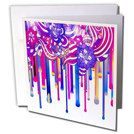 3dRose Pretty Blue and Pink Flowers with Dripping Paint - Greeting Cards -gc-236055-5-
