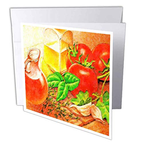 3dRose Lens Art by Florene - Impressionism Art - Image of Italian Table Set with Olive Oil Tomatoes and Parsley - 1 Greeting Card with Envelope -gc-322672-5-