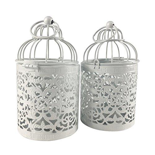 Qinlee 2Pack Metal Tealight Candle Holder Round Shape Bird Hanging Lanterns Creative Wedding Home Table Decoration Birdcage White