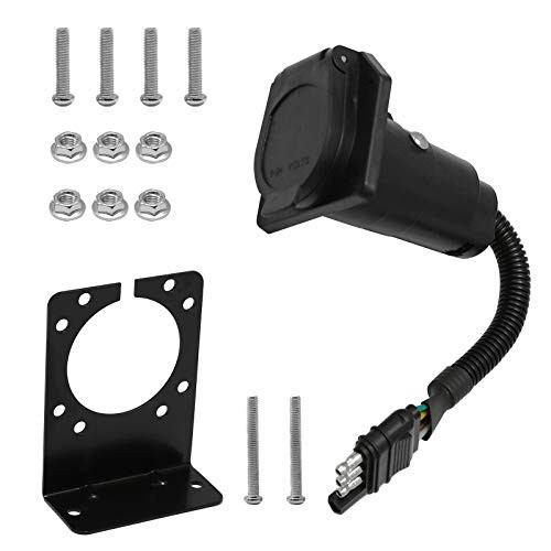 4-Way Flat to 7-Way Blade Trailer Light Adapter Reverse Plug Connector with Mounting Bracket- Truck Trailer Light Adapter 4 to 7-Way for RV Towing - Black