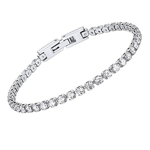 Women AAA Plus  Cubic Zirconia Tennis Bracelet Stainless Steel 3mm Round White CZ Iced Out Diamond Chain Bracelets- 7.5 Inch