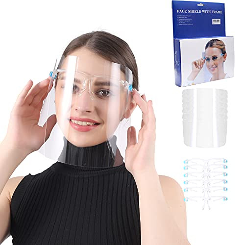 Safety Face Shields with Glasses Frames -Pack of 6- Full Face Protective Reusable Goggle Shields for Men Women Anti-Fog Anti-Spitting Anti-oil Ultra Clear Protective Face Shields to Protect Eyes- Nose- Mouth