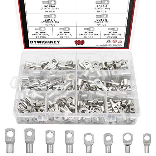 DYWISHKEY Bolt Hole Tinned Copper Terminals Set, Wire Terminals Connector Cable Lugs Battery SC Terminals Glimpse of Mouth, 136PCS DYWISHKEY Bolt Hole Tinned Copper Terminals Set, Wire Terminals Connector Cable Lugs Battery SC Terminals Glimpse of Mouth, 136PCS