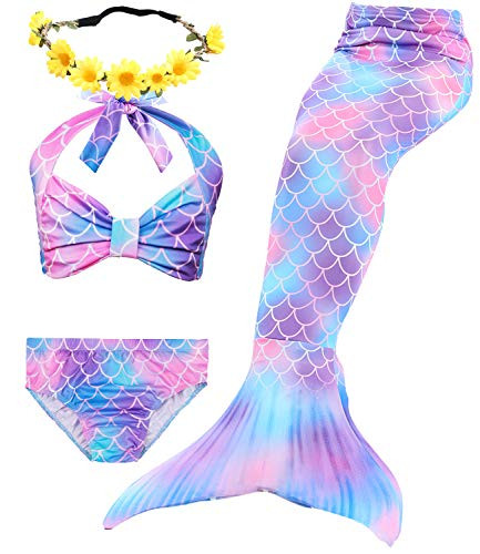 4Pcs Girl's Mermaid Tails Swimsuit Bikini Set Princess Swimming Bathing Suits Swimwear(Support Monofin)