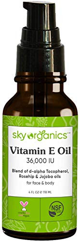 Vitamin E Oil 36-000 IU by Sky Organics -4oz- Certified Organic Vitamin E Oil- Moisturizing Treatment Oil with Jojoba  and  Rosehip for Scars  and  Stretch Marks- Cruelty-Free Face  and  Skin Serum