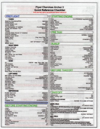 Piper Archer II PA-28-181 Qref Checklist Card