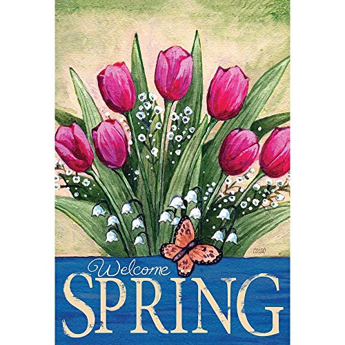 Welcome Spring Pink Tulips Leafy Greens 30 x 44 Rectangular Large House Flag