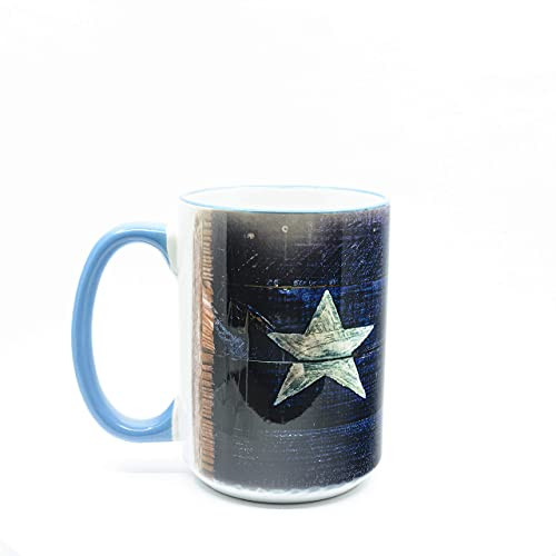 Rustic Texas Coffee Mug- Texas Flag Mug- State of Texas Coffee Mug-15 oz Texas Gift Ceramic Mug with Texas Sky Blue Rim