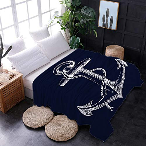 Interhear Flannel Fleece Throw Blanket Super Soft Lightweight Cozy Plush Microfiber Luxury Blankets for Bed Couch Chair Living Room 40X51 Inch Simple Hand-Drawn Anchor Blue White