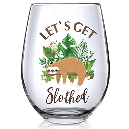 Let's Get Slothed Stemless Wine Glass- Funny Sloth Present for Sloth Lovers Him Her Men Women Friend Family Coworker on Birthday Christmas Thanksgiving Festival Graduation Wine Glass Present- 17 oz