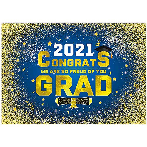 Allenjoy 7X5ft Congrats Grad Graduation Backdrop Royal Blue Golden Glitter Class of 2021 Party Decorations Prom Photography Background Cake Table Banner Photo Booth Props