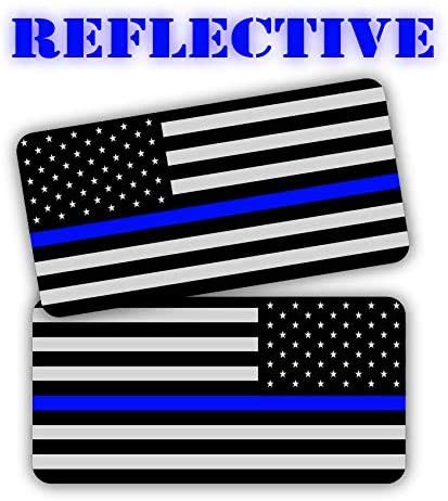 `-2- Thin Blue Line REFLECTIVE Stealthy Police American Flag Hard Hat Stickers / Black Ops Decals / Tactical Gear Survival Labels / USA Flags Toolbox Helmet Patriotic Old Glory