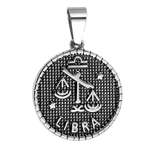 Oakky Vintage Unisex Stainless Steel Hip Hop Twelve Constellation Zodiac Coin Pendant Couple Round Dog Tag Necklace Libra No Chain
