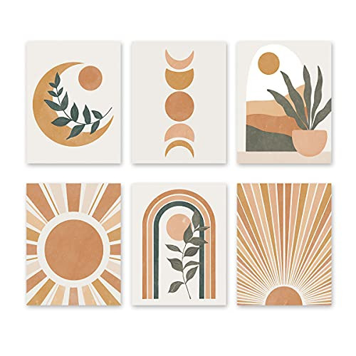 Abstract Boho Wall Art Prints- Minimalist Geometric Sun Canvas Wall Art -8"x10"x6pcs- Unframed--Mid Century Modern Art Print for Bedroom Decoration