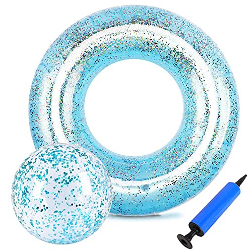 Swimming Rings with Beach Ball- 35.4'' Inflatable Glitter Pool Float for Kids Adults Summer Beach Water Float Party -with Inflatable Tube-