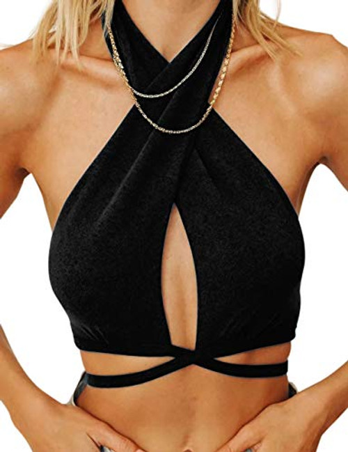 SAFRISIOR Women's Sexy Criss Cross Backless Wrap Crop Halter Top Sleeveless Cut Out Bandage Halter Crop Tops -Medium- Black- SAFRISIOR Women's Sexy Criss Cross Backless Wrap Crop Halter Top Sleeveless Cut Out Bandage Halter Crop Tops -Medium- Black-
