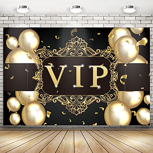 Black and Gold VIP Backdrop Banner for Photography Birthday Graduation Background Photo Booth Props Cake Table Decorations Supplies 71 x 49 inch