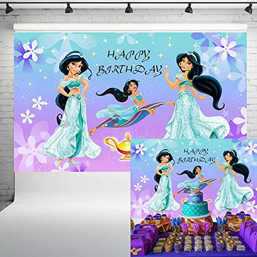 Princess Jasmine Backdrop for Birthday Party Aladdin Theme Background Cartoon Turquoise Purple Banner Decorations for Cake Table Photo Studio Props 5x3 ft 76