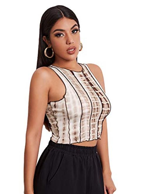 MakeMeChic Women's Tie Dye Lettuce Trim Round Neck Crop Tank Top Brown XS