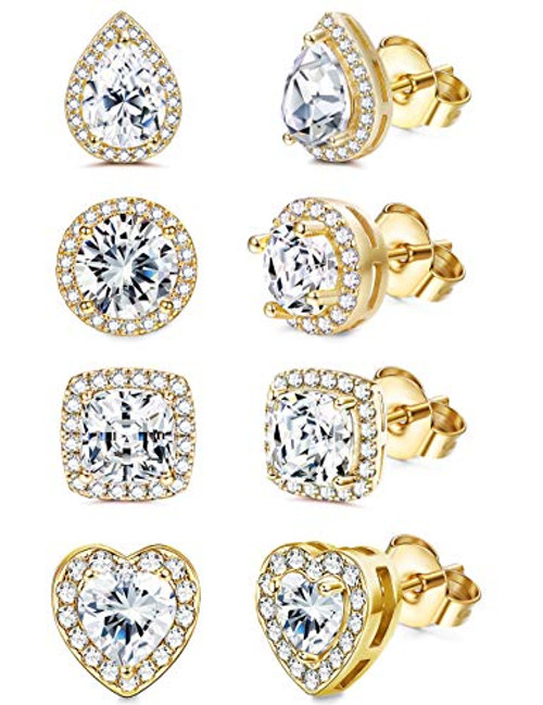 XCOIN 4 Pairs 18K Gold Plated Cubic Zirconia Stud Earrings Round Square CZ Simulated Diamond Halo Stud Earrings for Women XCOIN 4 Pairs 18K Gold Plated Cubic Zirconia Stud Earrings Round Square CZ Simulated Diamond Halo Stud Earrings for Women