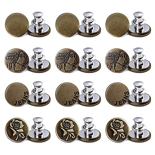 17mm Replacement Jean Buttons- 12 Sets Jean Button Pins No-Sew Instant Button Detachable Pants Button Pins- Removable Metal Button to Extend or Reduce Pants Waist Size