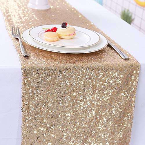 TRLYC Sequin Table Runner- 12 by 60-Inch Sequin Tablecloths- Light Gold