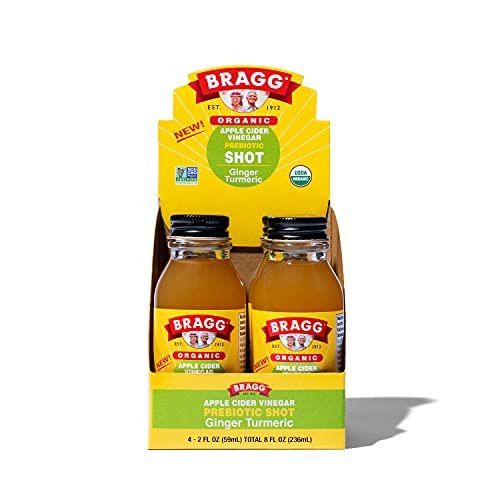 Bragg Organic Apple Cider Vinegar Shot with Ginger Turmeric  2 Oz ACV Shot  USDA Certified Organic- 4 Pack
