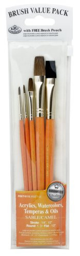 Brush Set Value Pack Sable/Camel 5/Pkg-Stroke 1/4"-1/2" Round 1-3 Flat 1/2"